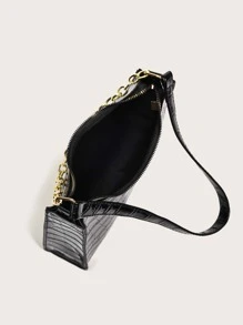 Chain Decor Crocodile Embossed Shoulder Bag - Black - View 5
