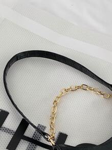 Chain Decor Crocodile Embossed Shoulder Bag - Black - View 6