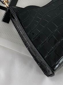 Chain Decor Crocodile Embossed Shoulder Bag - Black - View 7