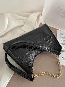 Chain Decor Crocodile Embossed Shoulder Bag - Black - View 8