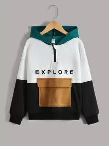 SHEIN Tween Boy Letter Embroidered Half Zip Placket Sweatshirt - Multicolor - View 1