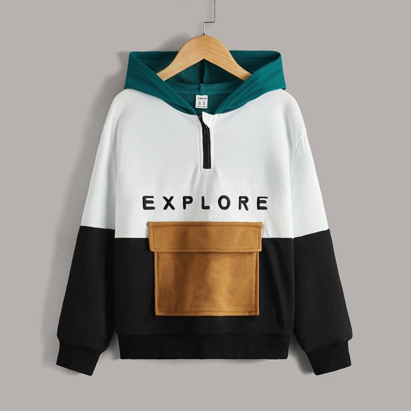 

Boys Letter Embroidered Half Zip Placket Hoodie, Multicolor