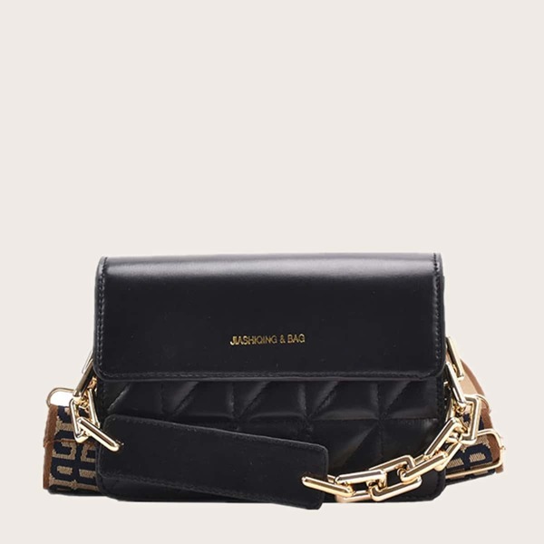

Quilted Chain Decor Flap Crossbody Bag, Black