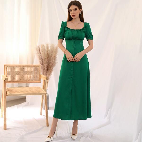 

Square Neck Button Front Puff Sleeve A-line Dress, Green
