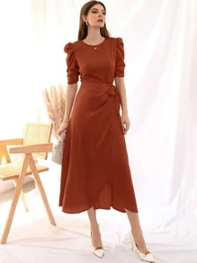 Modelyn Tie Side Puff Sleeve Wrap A-line Dress - Burnt Orange - View 1