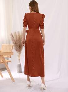 Modelyn Tie Side Puff Sleeve Wrap A-line Dress - Burnt Orange - View 2