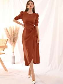 Modelyn Tie Side Puff Sleeve Wrap A-line Dress - Burnt Orange - View 3