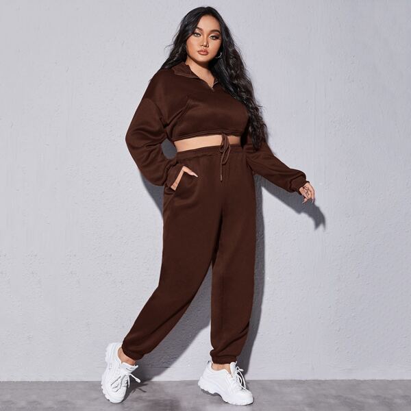 

Plus Half Zip Drawstring Hem Crop Sweatshirt & Sweatpants, Coffee brown
