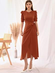 Modelyn Tie Side Puff Sleeve Wrap A-line Dress - Burnt Orange - View 4