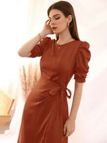 Modelyn Tie Side Puff Sleeve Wrap A-line Dress - Burnt Orange - View 5