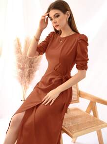 Modelyn Tie Side Puff Sleeve Wrap A-line Dress - Burnt Orange - View 6