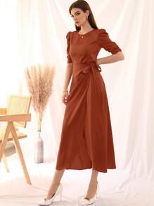 Modelyn Tie Side Puff Sleeve Wrap A-line Dress - Burnt Orange - View 7