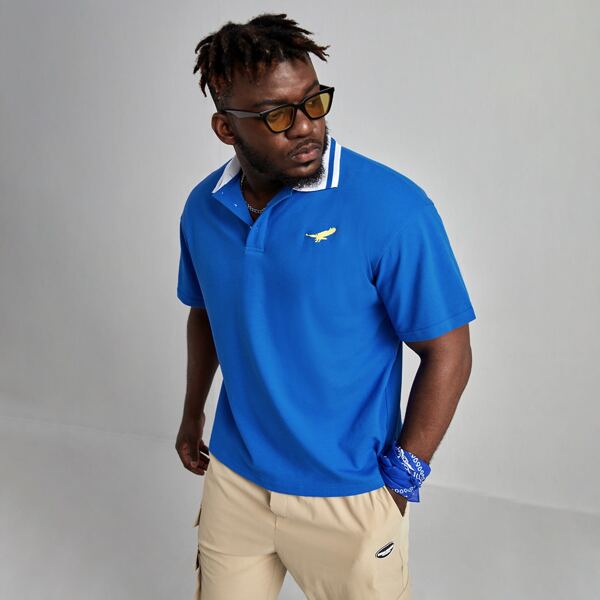 

Men Bird Embroidered Striped Trim Polo Shirt, Royal blue