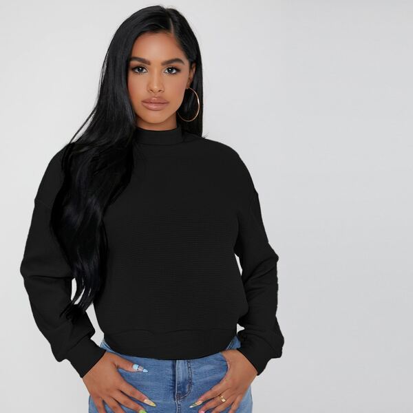 

Solid Mock Neck Drop Shoulder Sweatshirt, Black