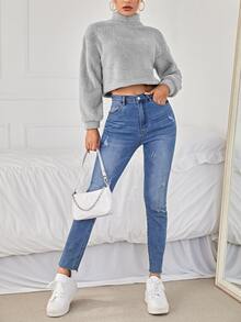 SHEIN PETITE Mock Neck Drop Shoulder Teddy Pullover - Light Grey - View 3