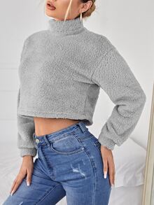 SHEIN PETITE Mock Neck Drop Shoulder Teddy Pullover - Light Grey - View 4