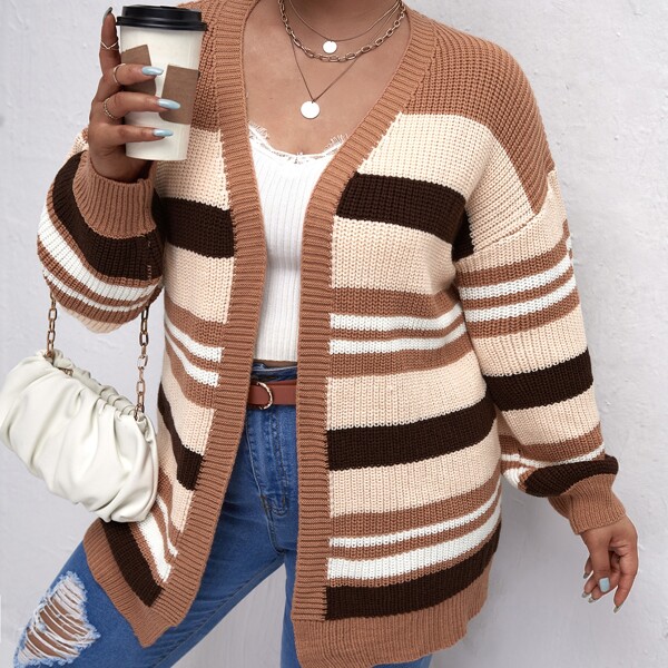

Plus Open Front Striped Cardigan, Multicolor