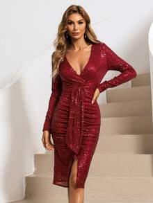 Missord 交疊領帶垂墜亮片連衣裙 - 酒紅色 - 查看 4