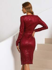 Missord 交疊領帶垂墜亮片連衣裙 - 酒紅色 - 查看 2
