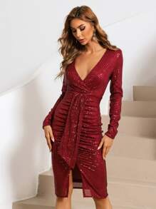 Missord 交疊領帶垂墜亮片連衣裙 - 酒紅色 - 查看 1