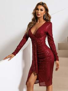 Missord 交疊領帶垂墜亮片連衣裙 - 酒紅色 - 查看 5