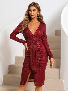 Missord 交疊領帶垂墜亮片連衣裙 - 酒紅色 - 查看 3