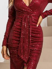 Missord 交疊領帶垂墜亮片連衣裙 - 酒紅色 - 查看 6