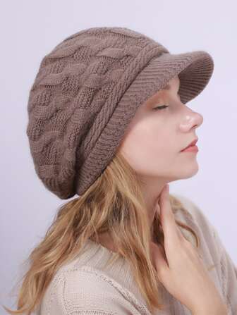 1 件女士时尚简约粗针织帽，带保暖内衬，保暖秋冬兔毛贝雷帽护耳帽