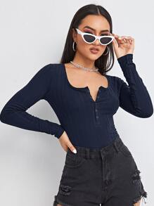 SHEIN Essnce Camiseta tejida de canalé con botón - Azul Marino - Ver 1