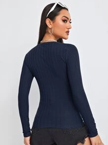 SHEIN Essnce Camiseta tejida de canalé con botón - Azul Marino - Ver 2