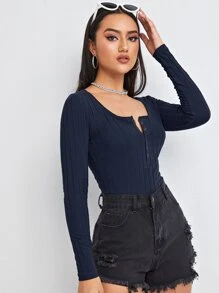 SHEIN Essnce Camiseta tejida de canalé con botón - Azul Marino - Ver 3