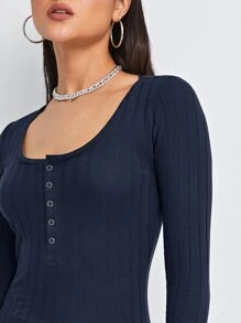 SHEIN Essnce Camiseta tejida de canalé con botón - Azul Marino - Ver 4