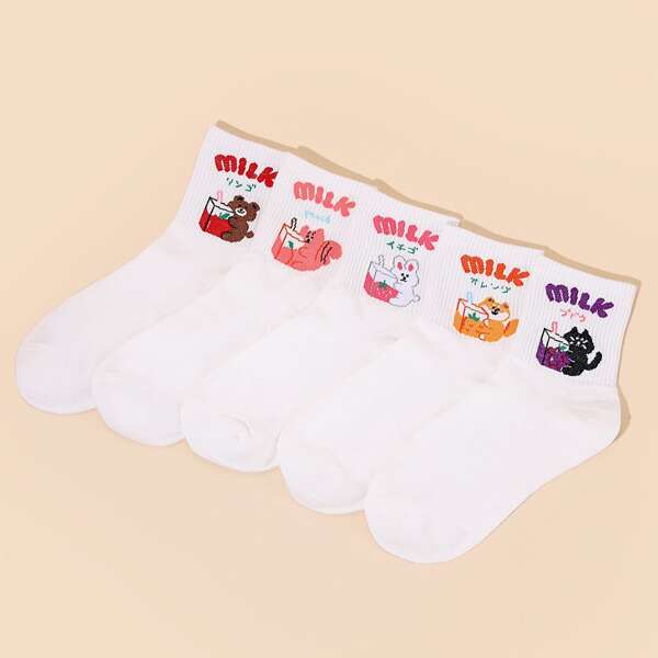 

5pairs Animal Pattern Crew Socks, Multicolor