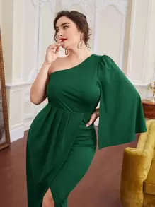 Modelyn Plus One Shoulder Cloak Sleeve Wrap Dress - Dark Green - View 1