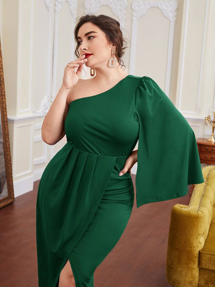 Modelyn Plus One Shoulder Cloak Sleeve Wrap Dress - Dark Green - View 1