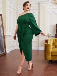 Modelyn Plus One Shoulder Cloak Sleeve Wrap Dress - Dark Green - View 3