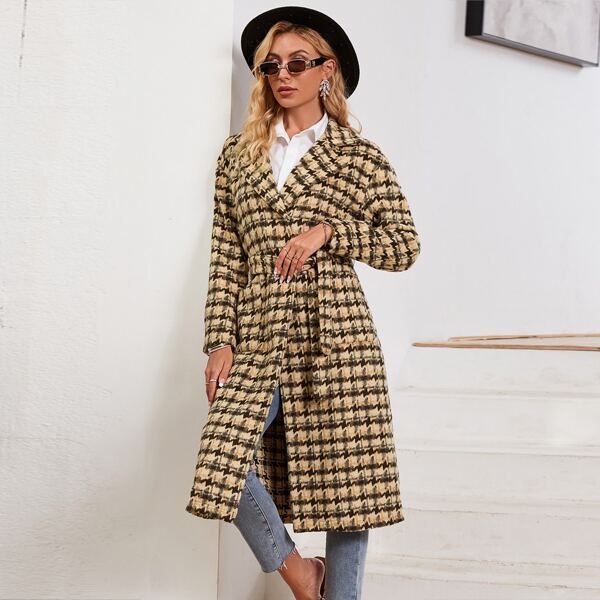 

Houndstooth Pattern Lapel Neck Double Pocket Belted Tweed Overcoat, Multicolor