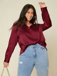 SHEIN BASICS 大碼素色前排扣緞面襯衫 - 酒紅色 - 查看 1