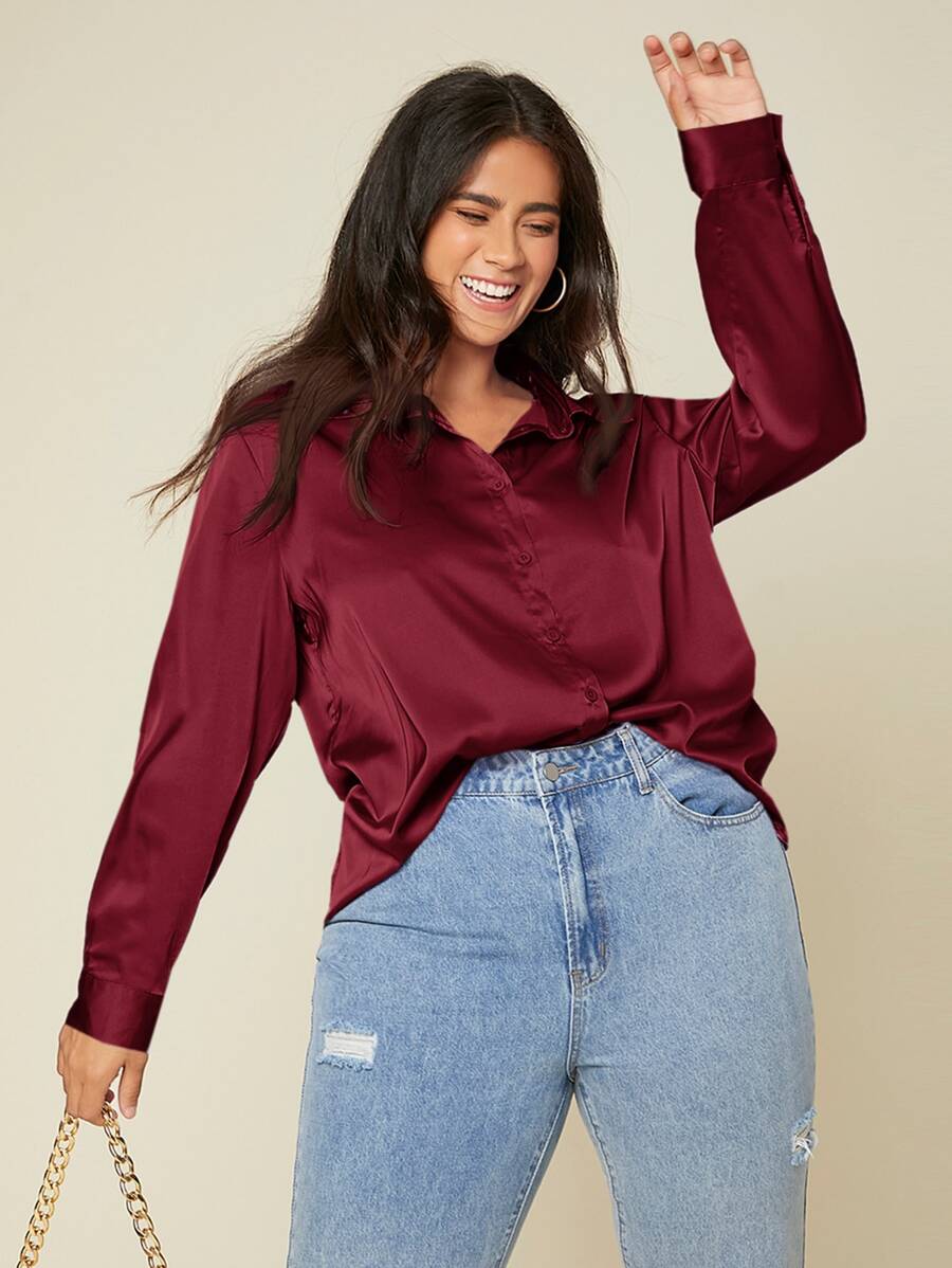 SHEIN BASICS 大碼素色前排扣緞面襯衫 - 酒紅色 - 查看 1