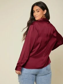 SHEIN BASICS 大碼素色前排扣緞面襯衫 - 酒紅色 - 查看 2