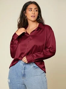 SHEIN BASICS 大碼素色前排扣緞面襯衫 - 酒紅色 - 查看 3