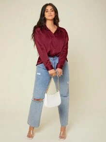 SHEIN BASICS 大碼素色前排扣緞面襯衫 - 酒紅色 - 查看 4