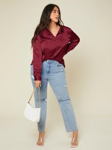 SHEIN BASICS 大碼素色前排扣緞面襯衫 - 酒紅色 - 查看 5