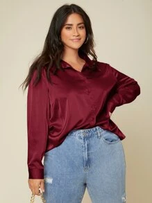 SHEIN BASICS 大碼素色前排扣緞面襯衫 - 酒紅色 - 查看 6
