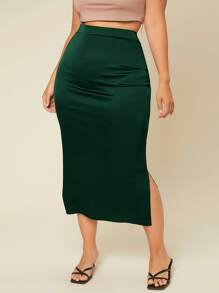 SHEIN BASICS Plus Split Hem Satin Skirt - Dark Green - View 1