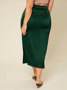 SHEIN BASICS Plus Split Hem Satin Skirt - Dark Green - View 2