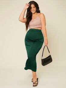 SHEIN BASICS Plus Split Hem Satin Skirt - Dark Green - View 3