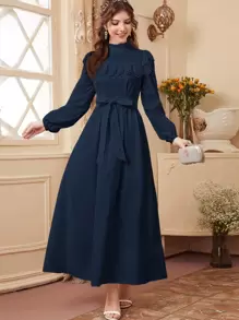 Seusyu 孔眼刺绣拼接荷叶边灯笼袖端庄长袖连衣裙