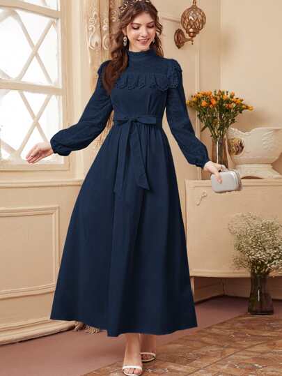 Mulvari Vestido de manga larga modesto con mangas de farol, bordado de ojetes y ribete de volantes