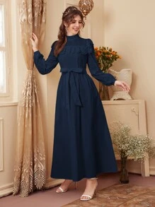 Seusyu 孔眼刺绣拼接荷叶边灯笼袖端庄长袖连衣裙